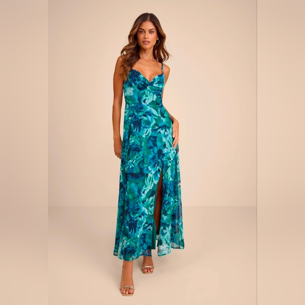 Lulu's Teal and Blue Floral Maxi Dress